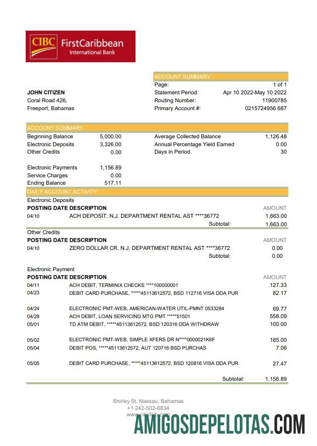 Bahamas FirstCaribbean International Bank Extrato bancário Xls amostra